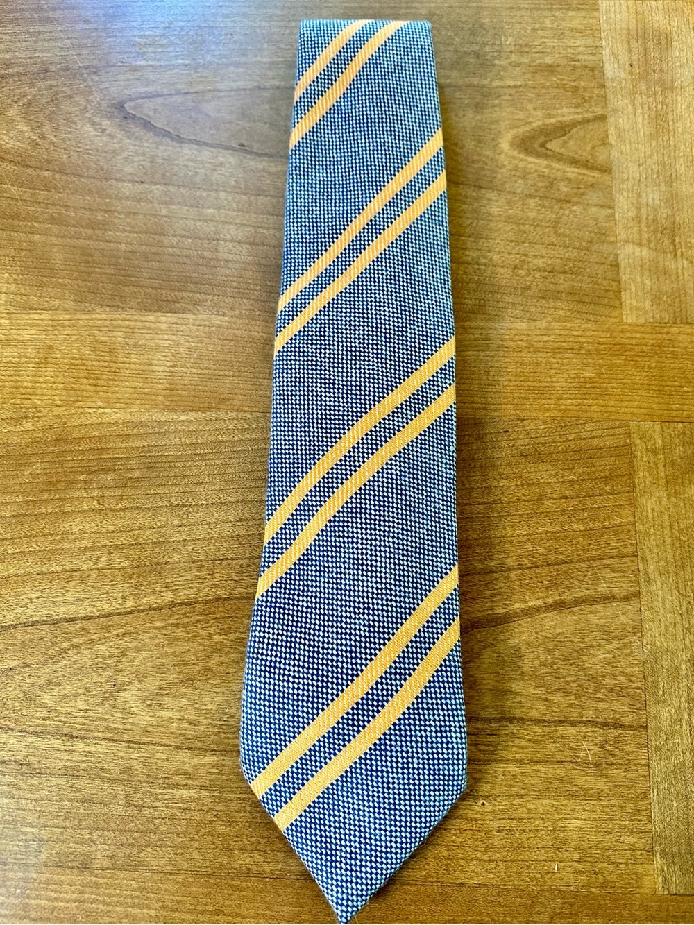 Maus & Hoffman Classic Wool Navy Tie with Yellow Diagonal Stripes